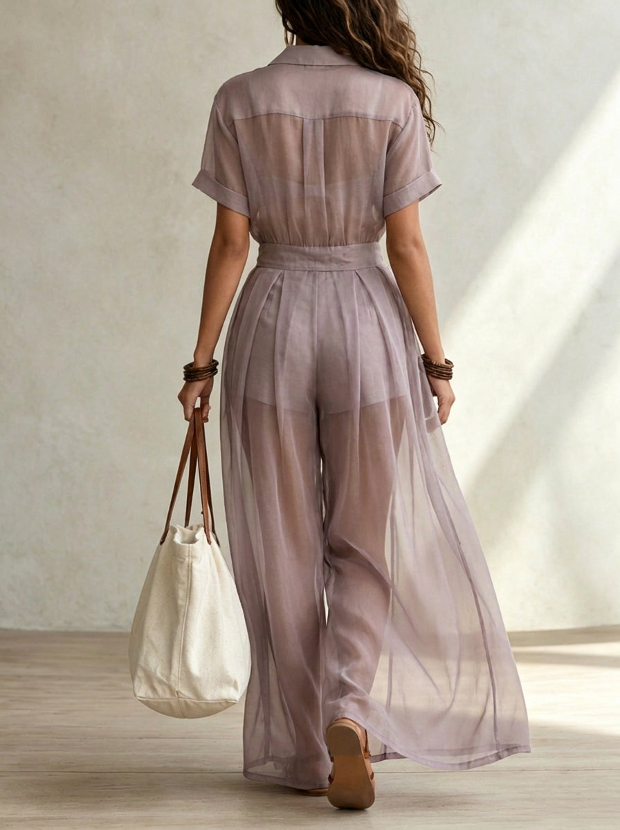 Women’s Summer Casual Fashion Chiffon Short-sleeve Shirt Jumpsuit