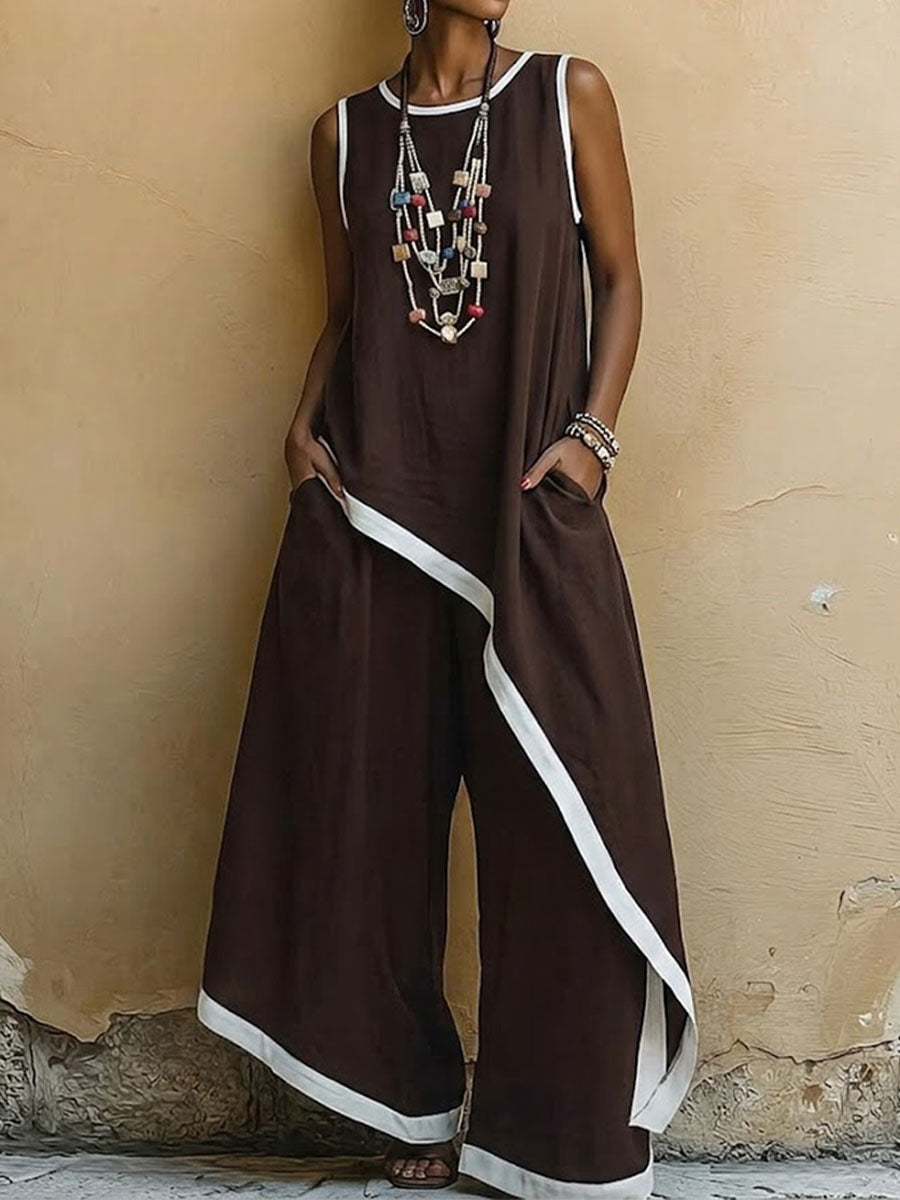 Women's Minimalist Color-block Two-piece Set With An Asymmetrical Hem Top And Trousers