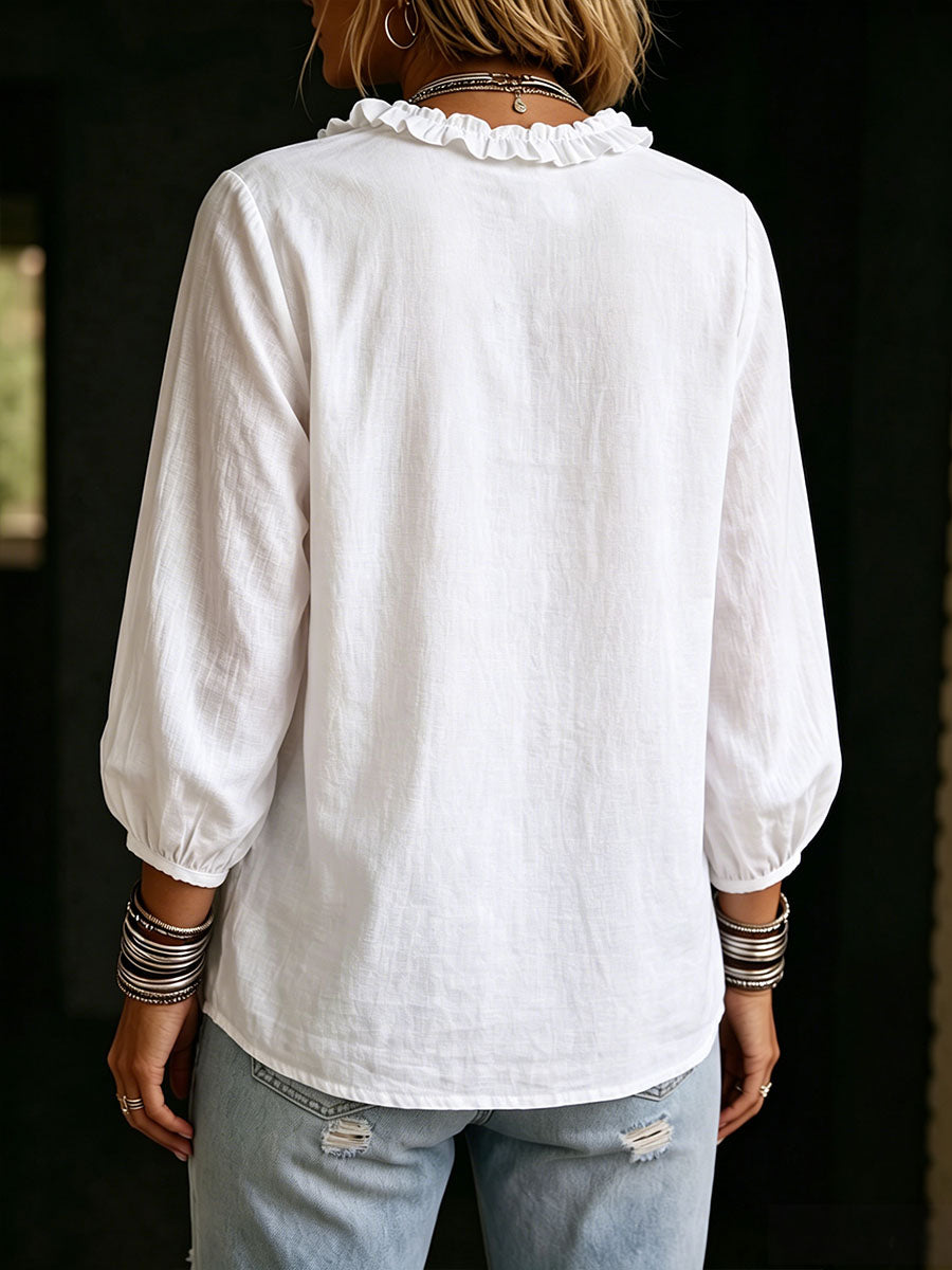 Women's Solid Color Crew Neck Long-sleeve Loose-fit Cotton-linen Casual Top
