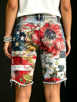 Women's Retro Casual Independence Day Flag Floral Art Print Denim Shorts