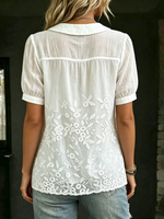 Women's Cotton-linen Blend Floral Peter Pan Collar Puff-sleeve Shirt