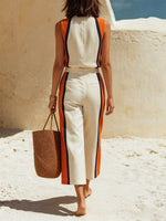 Women's Striped Color Block Art Comfortable Casual Stylish Top And Pants Cotton Linen Two-piece Set