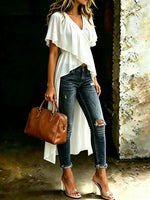Women's V Neck High Low Chiffon Top Ruffle Short Sleeve Asymmetric Flowy Blouse Shirt