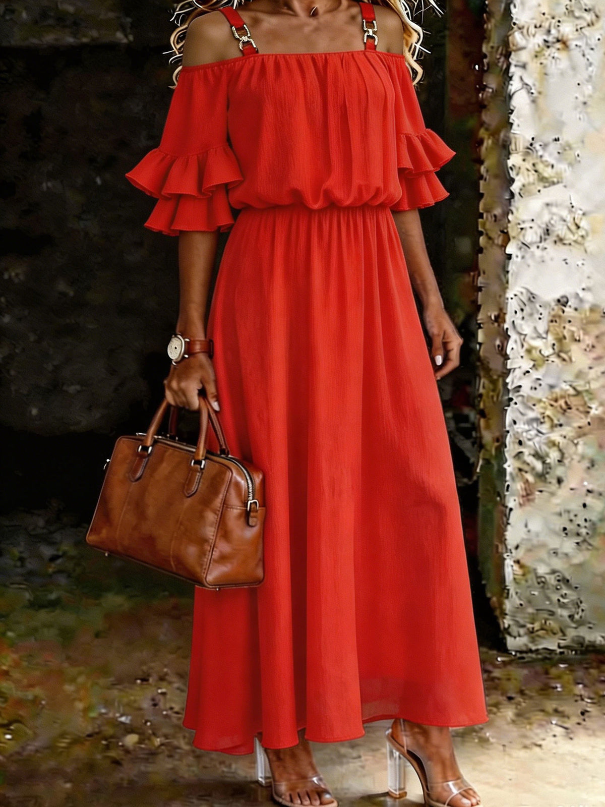 Women's Elegant Ruffle Sleeve Flowy Maxi Dress