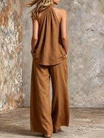 Women's Solid-color Halter-neck Sleeveless Casual Loose Cotton-linen Top And High-waisted Wide-leg Pants Set