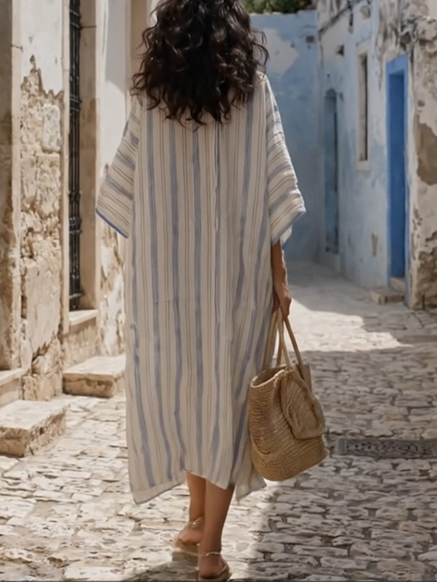 Loose-fit Casual Artistic Striped Linen-cotton Dress