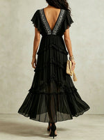 Women's Elegant V-neck Ruffled Flowy Maxi Dress