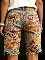 Women's Vintage Ethnic Tropical Floral Leopard Print Art Casual Denim Shorts