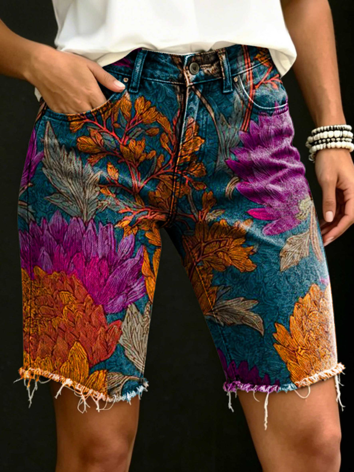 Women's Floral Art Print Casual Denim Shorts