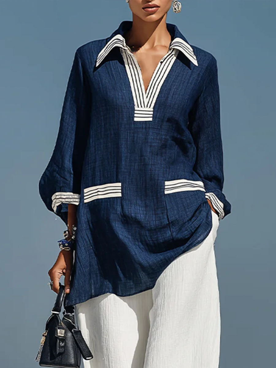 Women's Minimalist Color-block Polo-collar Shirt