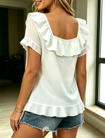 Women's Square Neck Ruffle Blouse Tie Front Short Sleeve Shirt Casual Elegant Asymmetric Layered Hem Tops Cute Chiffon Shirt