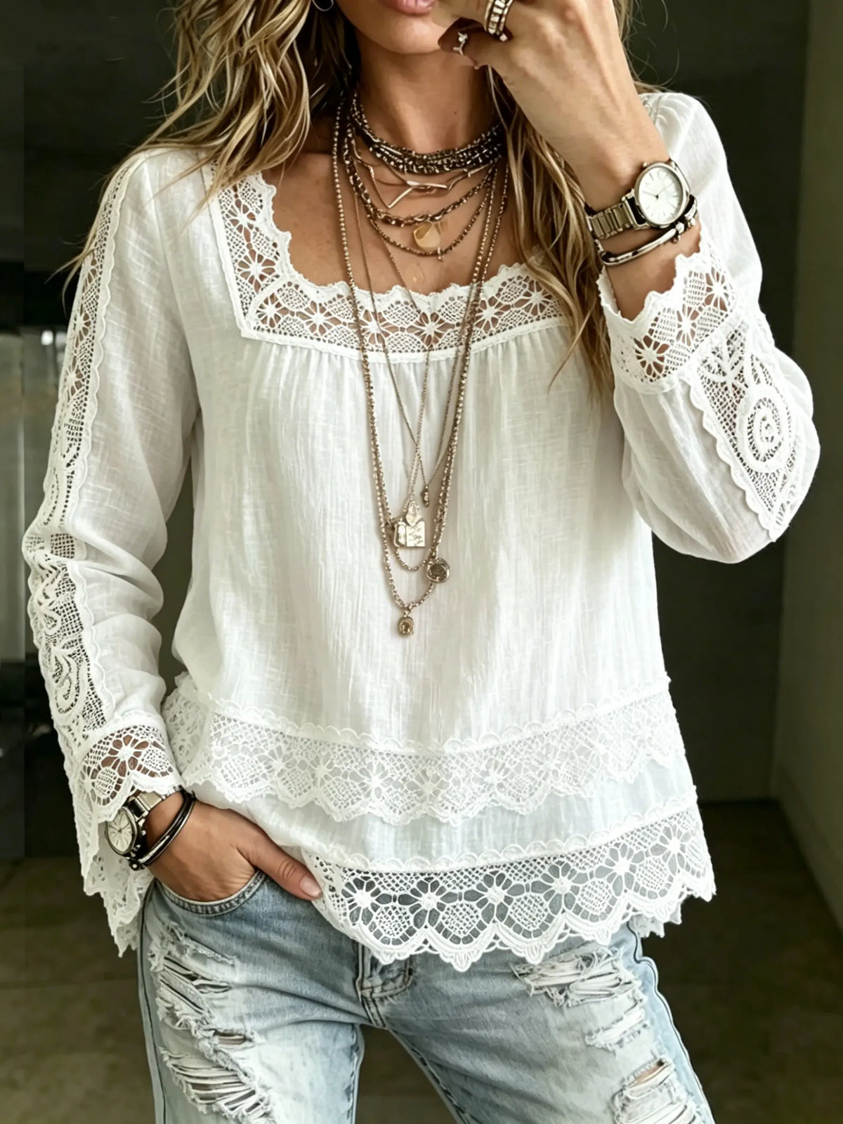 Women's Casual White Lace Panel Blouse Square Neck Long Sleeve Linen Shirt Tops