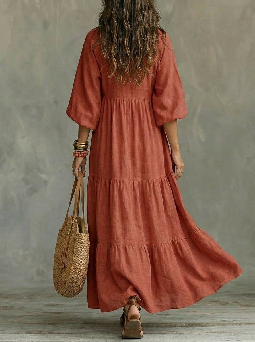 Women's V-Neck Long Sleeve Maxi Shirt Dress