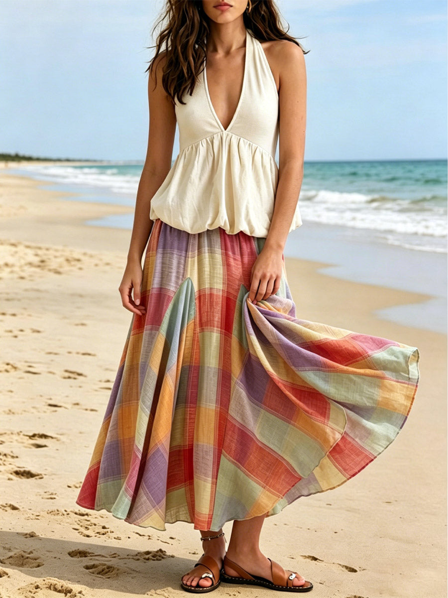 Women's Sleeveless Art Stylish Casual Top And Plaid Skirt Two-piece Set