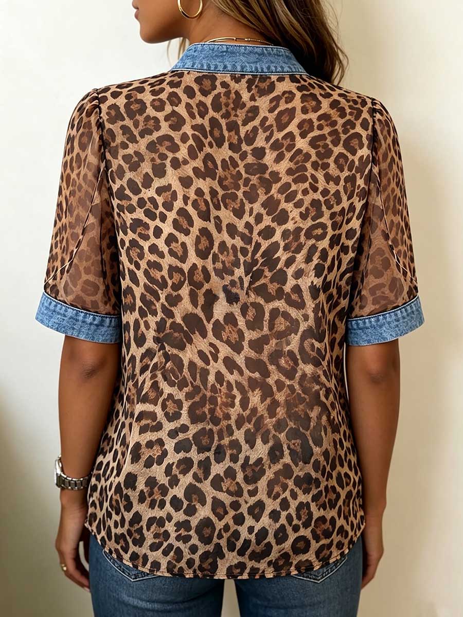 Women's Leopard Print V-neck Short-sleeve Casual Loose Denim Top With Chiffon Paneling