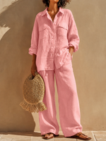 Two-piece Set Featuring A Loose-fit, Long-sleeved Cotton-linen Shirt With A Collar And Dual Patch Pockets, Paired With High-waisted Wide-leg Trousers.