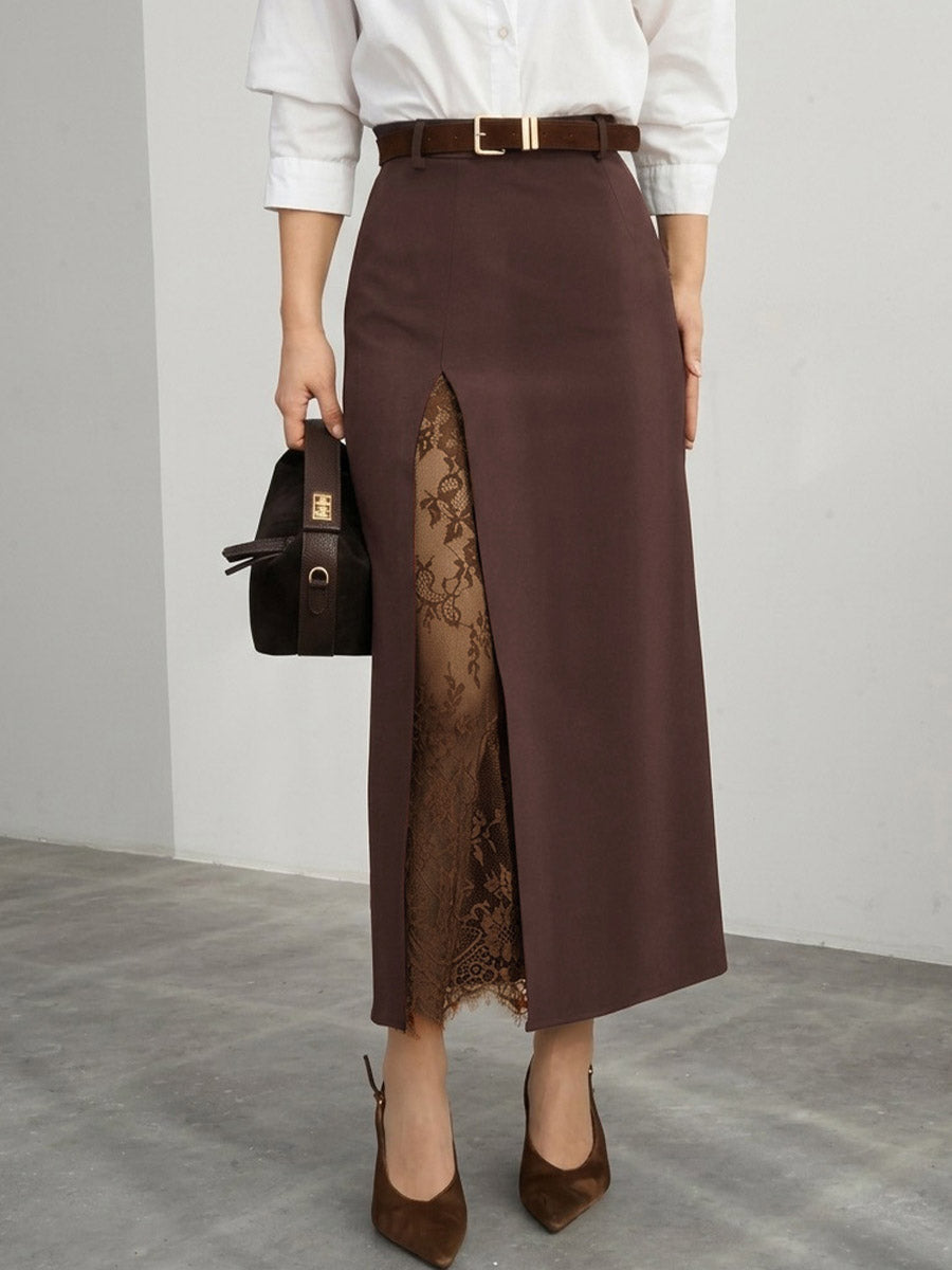 Women's Solid-color High-waisted Casual Loose Lace-panel Skirt