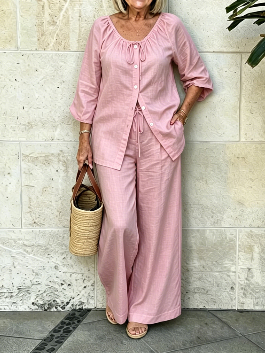 Women's Drawstring Button Top And Loose Casual Pants Two-piece Set