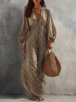 Women's Cinched Waist V-neck Leopard Print Long Dress