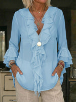 Women's Causal Sunmmer Ruffled Sleeves Chiffon V-neck Blouse