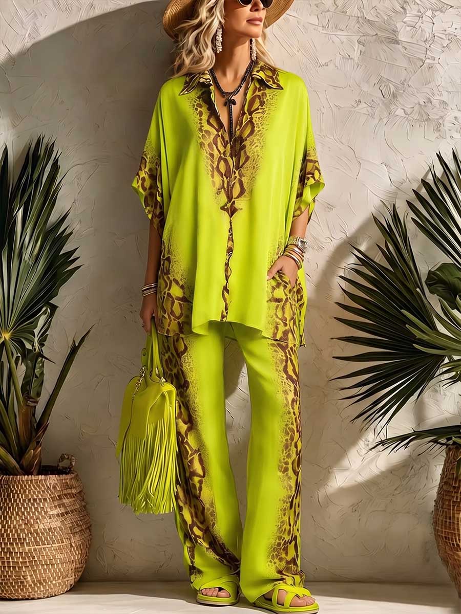 Women's Casual Loose Printed V-neck 3/4 Sleeve Top And High-waisted Wide-leg Pants Set