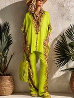 Women's Casual Loose Printed V-neck 3/4 Sleeve Top And High-waisted Wide-leg Pants Set