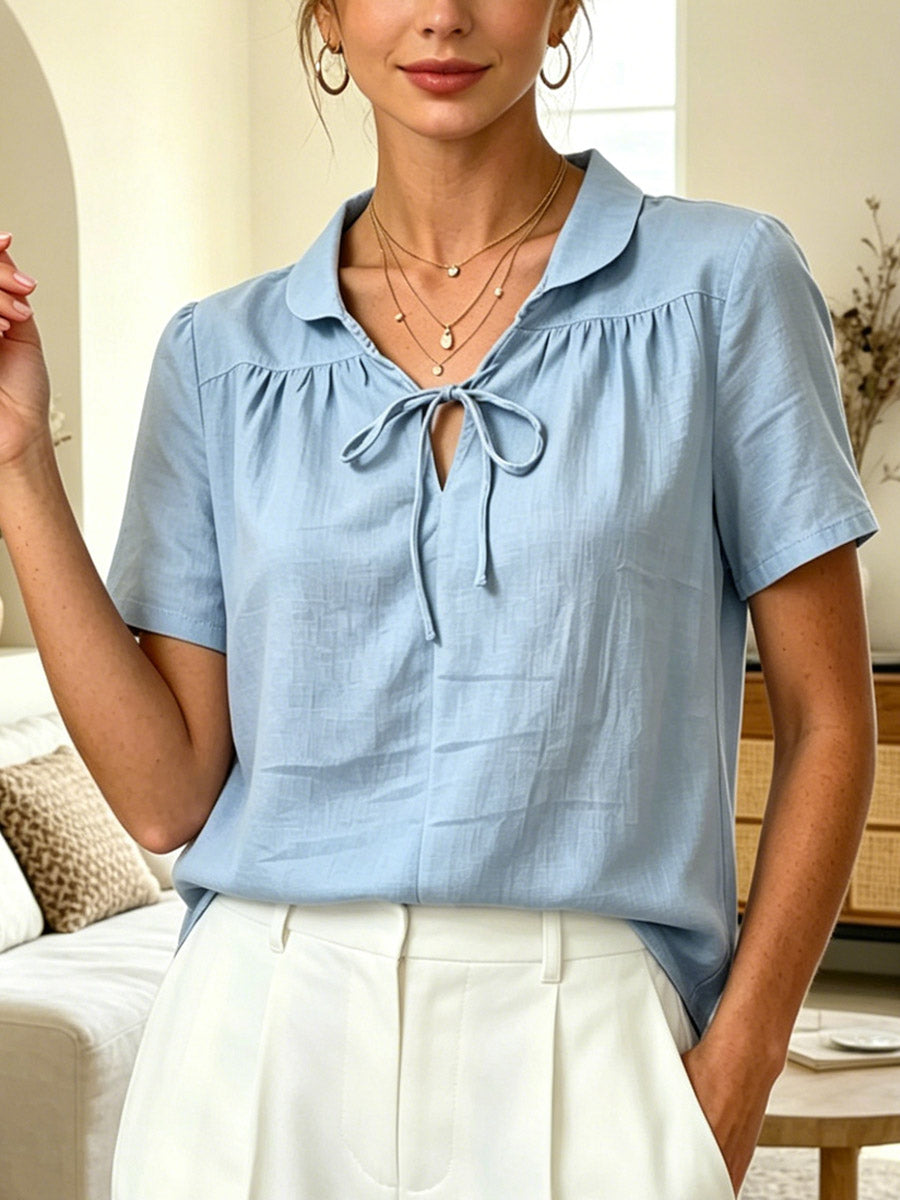 Women's Solid Color Art Casual Stylish Short Sleeve Cotton Linen Shirt