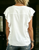 Women's Casual White Button Down Shirt Flutter Sleeve Linen Blouse Tops