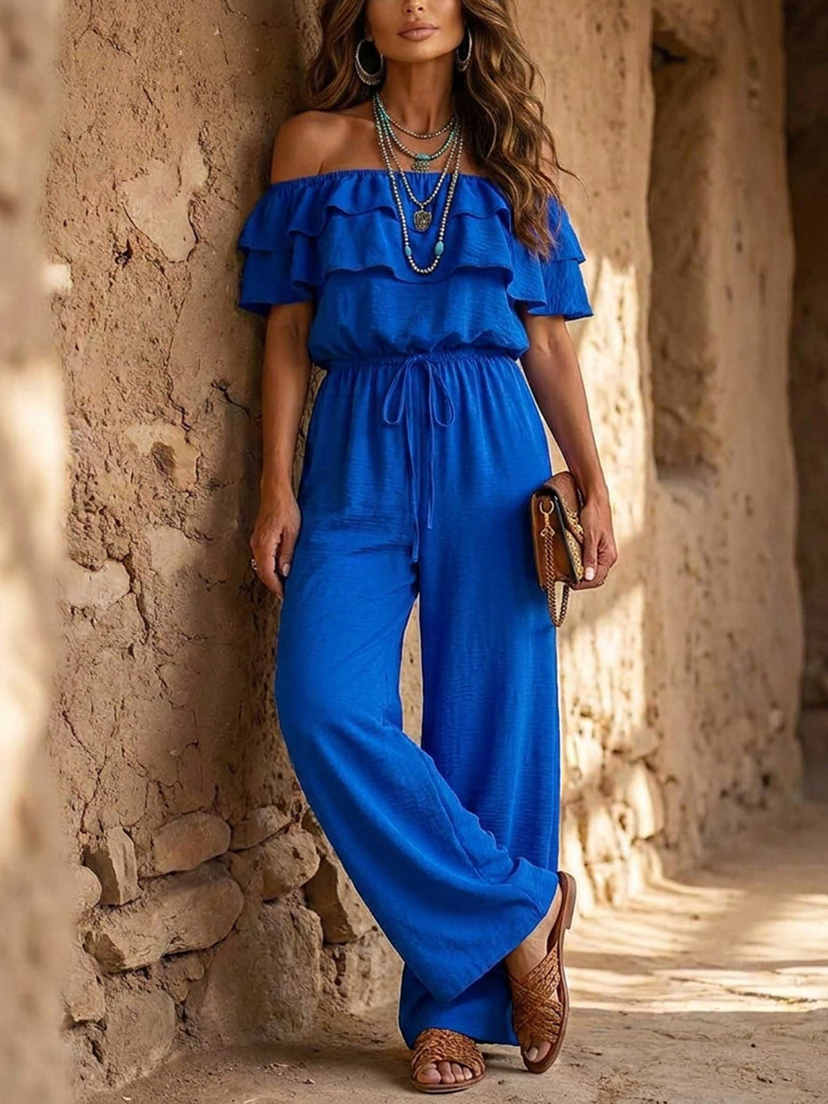Women's Ruffled Off-Shoulder Short-Sleeve Jumpsuit