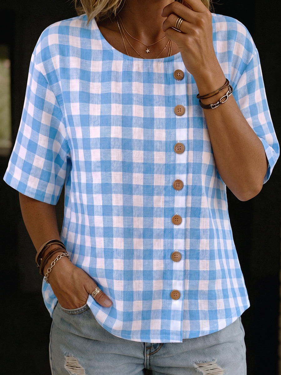 Vintage-style Cozy Gingham Cotton-linen Shirt