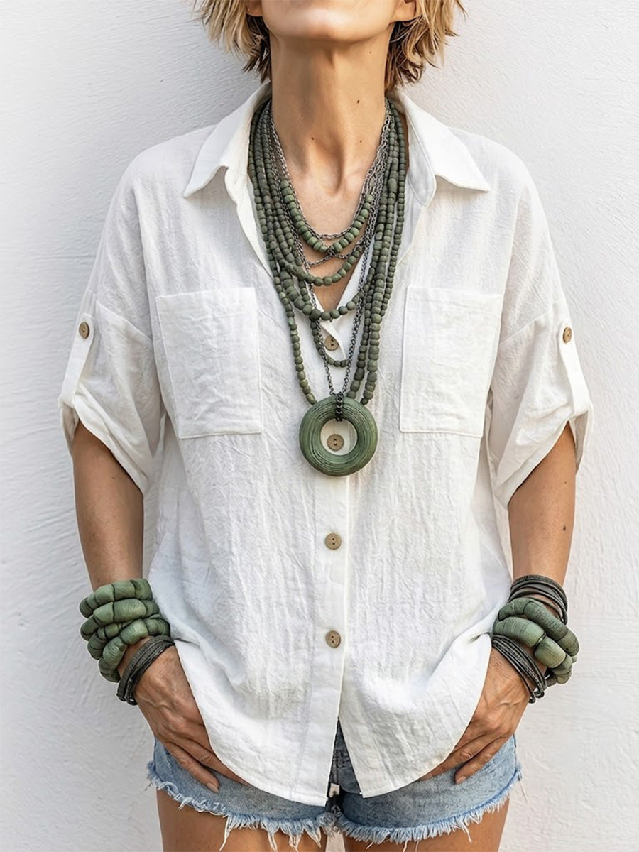 Utton-front Double Pocket Cotton-linen Drop-shoulder Blouse