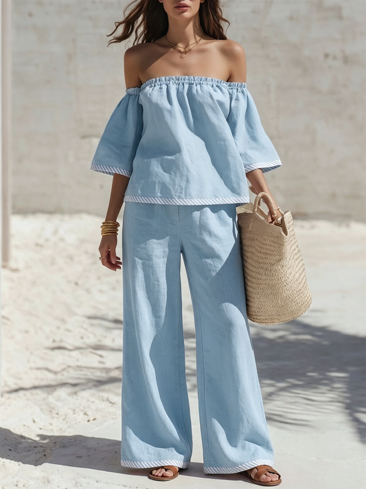 Cotton-linen Two-piece Set Featuring An Off-the-shoulder Top With Lettuce-edge Trim, Three-quarter Sleeves, And Striped Accents, Paired With Wide-leg Trousers Featuring Striped Cuffs.