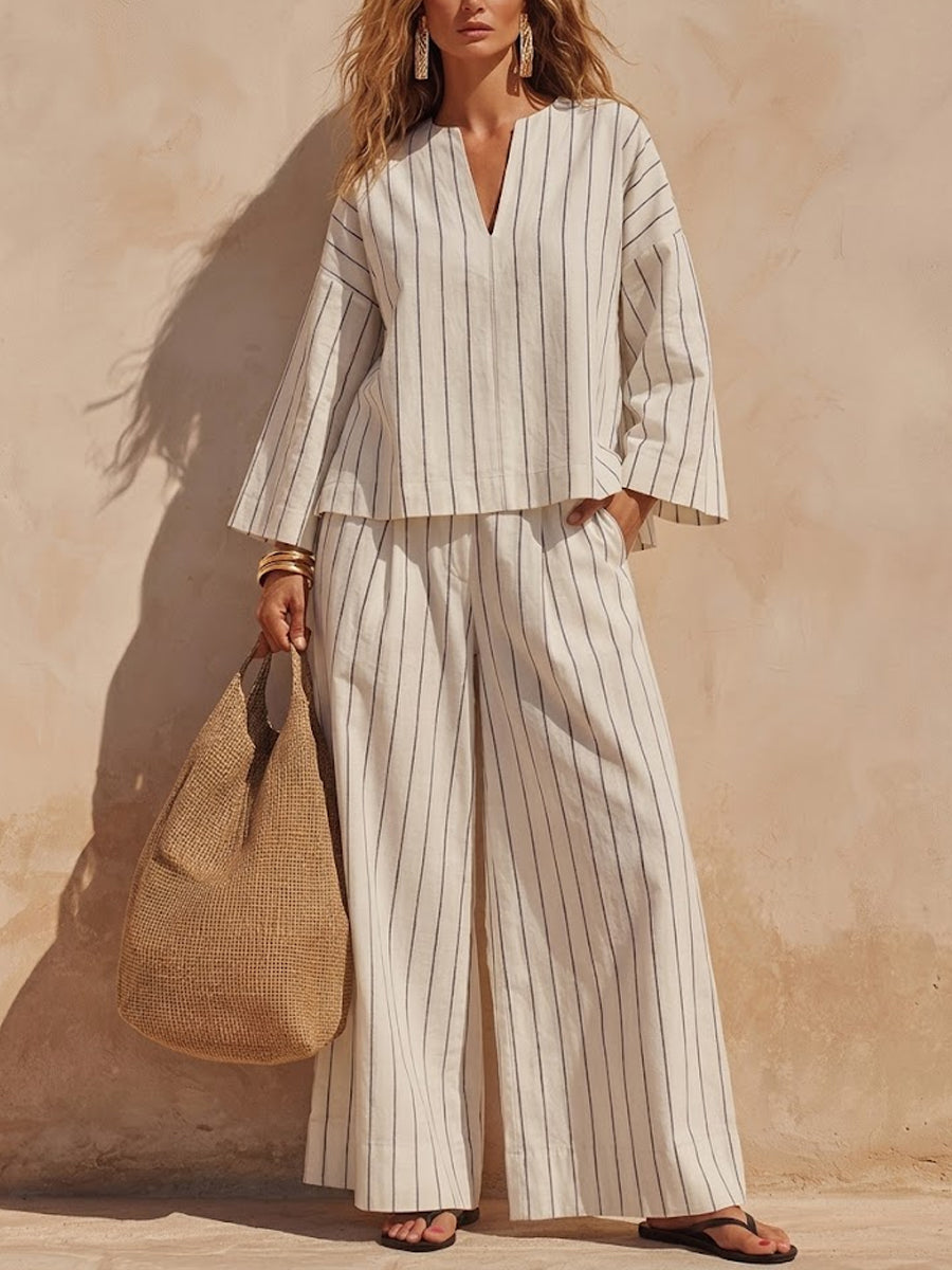 Women's Striped Cotton And Linen Casual Set