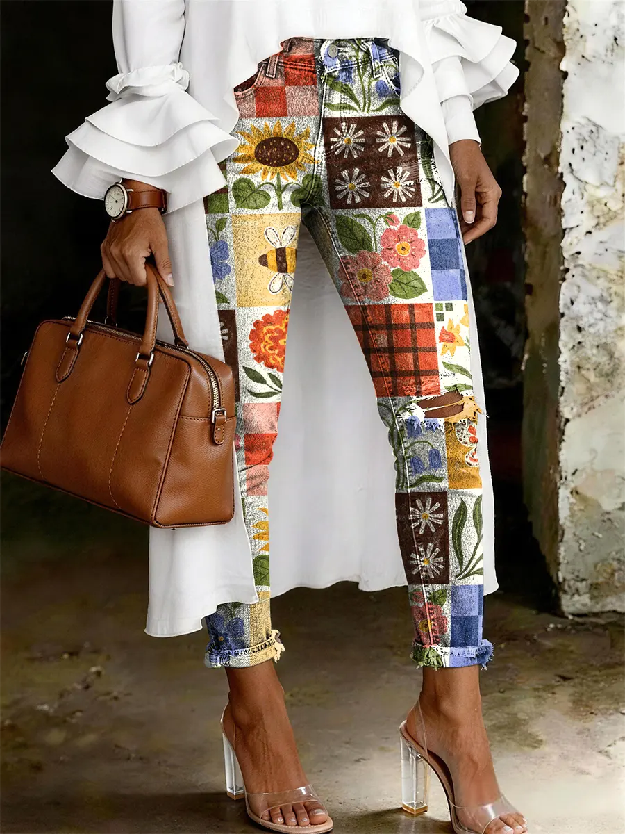 Women's Fashion Casual Multicolor Flowers Art Print Ripped Skinny Jeans