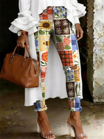Women's Fashion Casual Multicolor Flowers Art Print Ripped Skinny Jeans