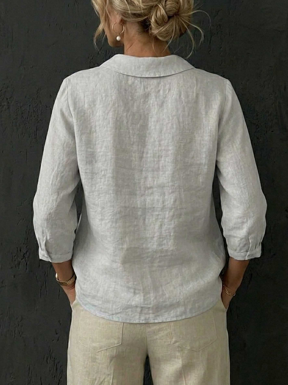 Women's Solid Color Casual Cotton And Linen 3/4 Sleeve Shirt