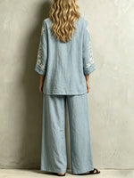 Women's Light Blue Ethnic Style Cotton And Linen Set