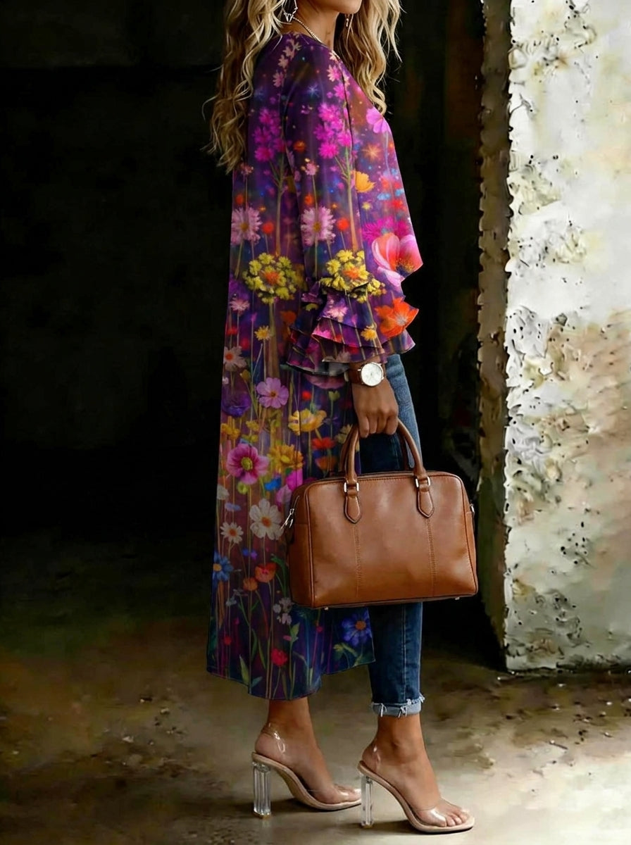 Women's Vintage Floral Casual Solid Color Cotton Shirt