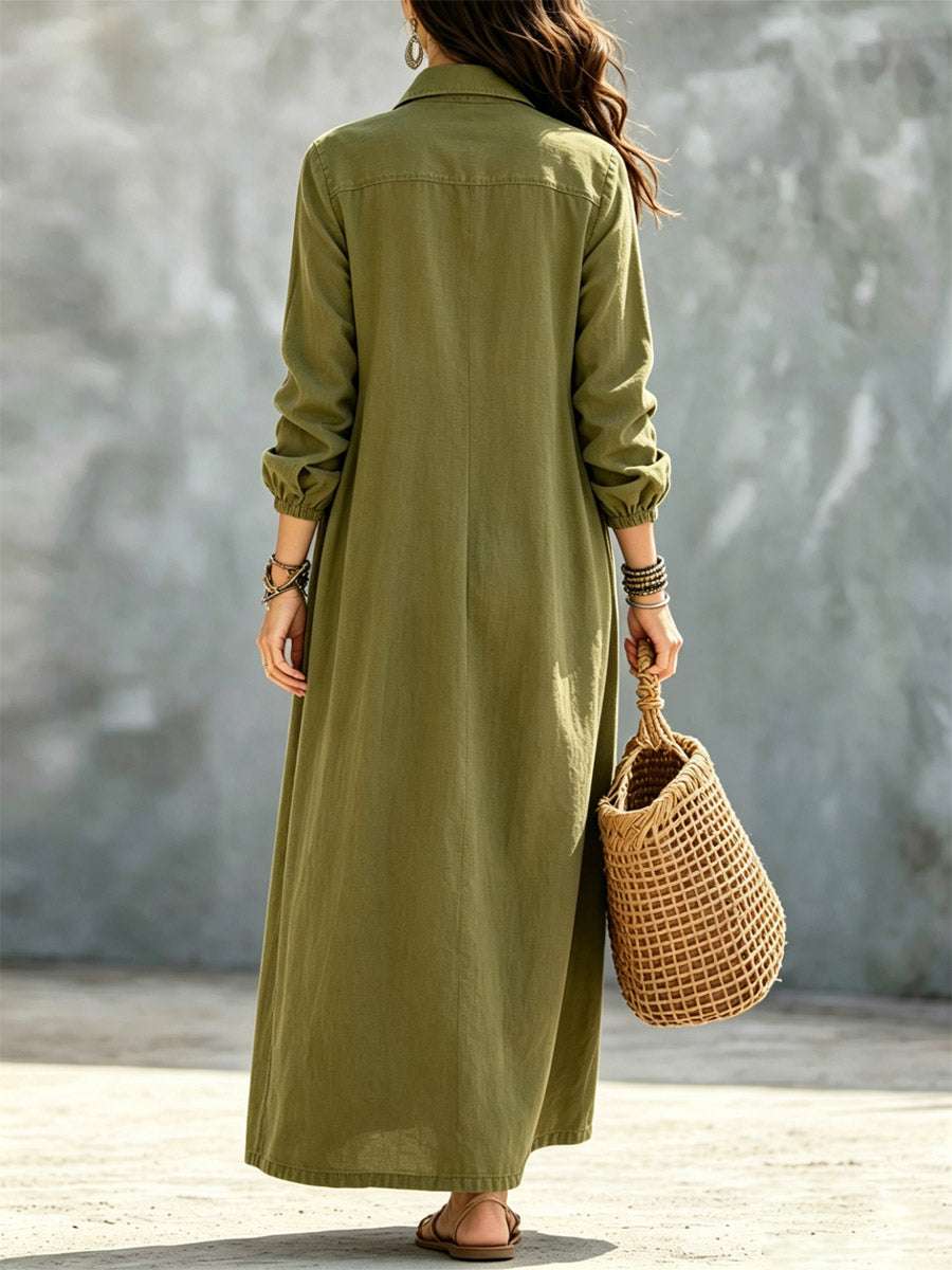Women's Solid Color Art Casual Long Sleeve Cotton Linen Maxi Dress