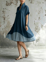 Color-blocked Stand Collar Linen-cotton Swing Dress
