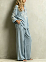 Women's Light Blue Ethnic Style Cotton And Linen Set