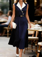 Women's Vintage Navy Striped Sleeveless Dress With Notched Collar And Fitted Waist