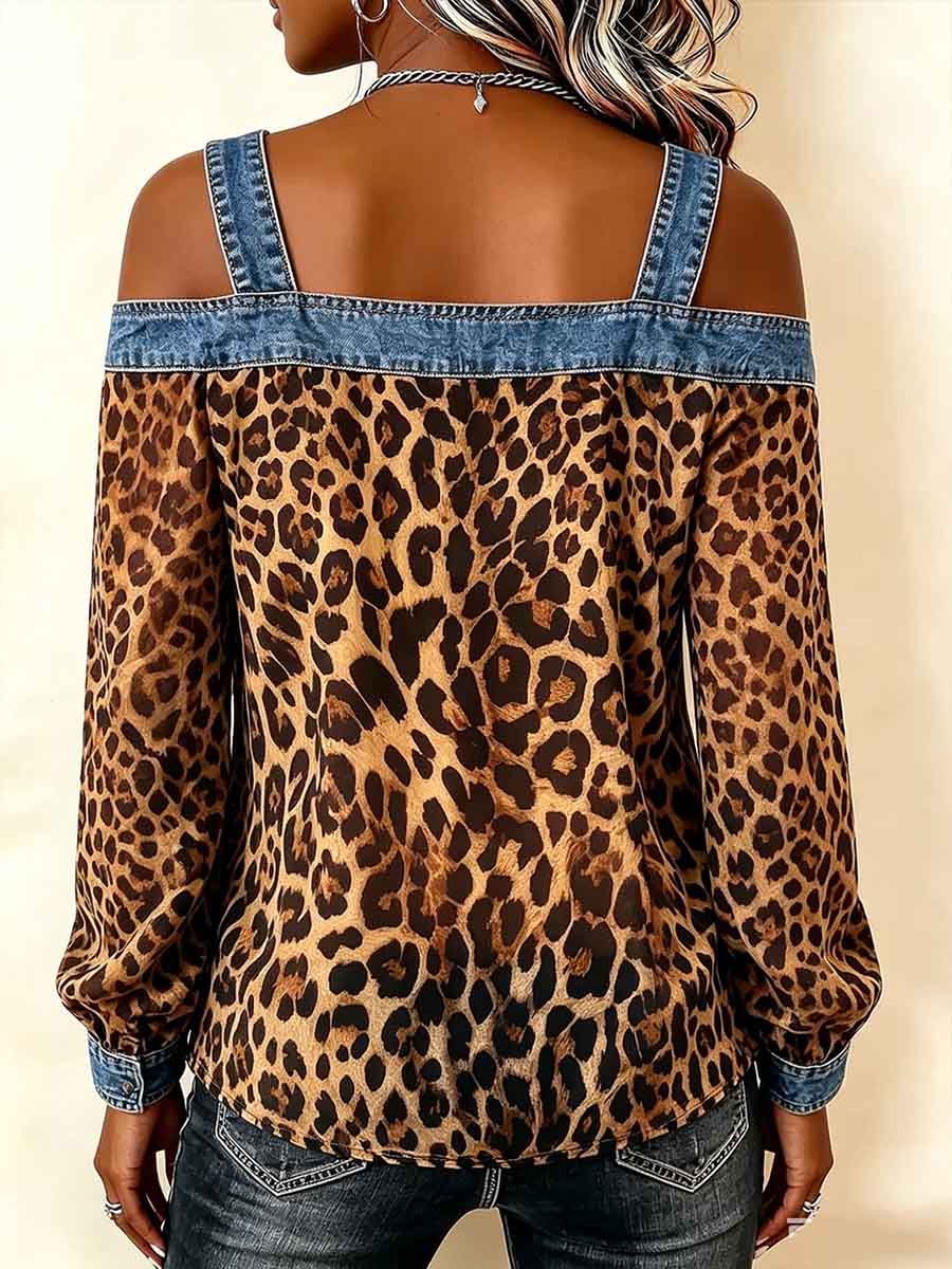 Women's Leopard Print Long-sleeve Casual Loose Denim Top With Chiffon Panels