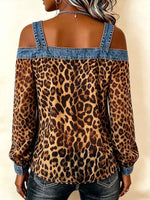 Women's Leopard Print Long-sleeve Casual Loose Denim Top With Chiffon Panels