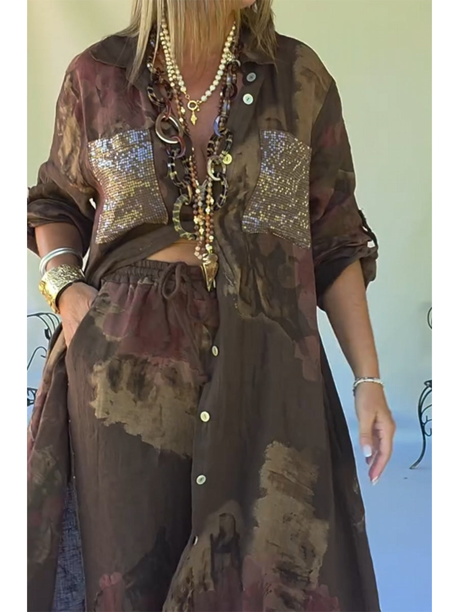 Casual, Loose-fitting Two-piece Set Featuring A Long Shirt And Trousers, Crafted From A Linen-cotton Blend With Printed, Sequined, And Spliced detailing.