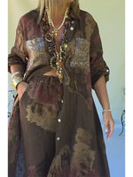 Casual, Loose-fitting Two-piece Set Featuring A Long Shirt And Trousers, Crafted From A Linen-cotton Blend With Printed, Sequined, And Spliced detailing.