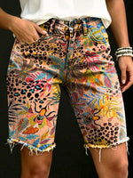 Women's Vintage Ethnic Tropical Floral Leopard Print Art Casual Denim Shorts