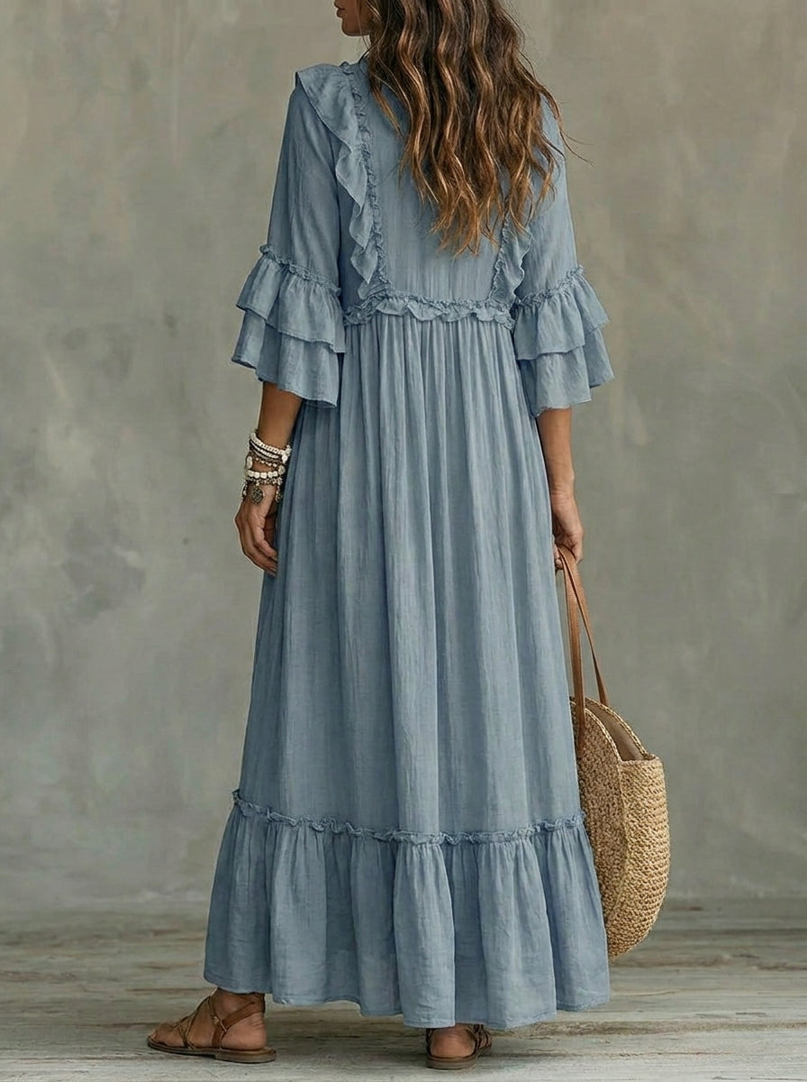 Women's V-Neck Ruffle Long Sleeve Maxi Shirt Dress