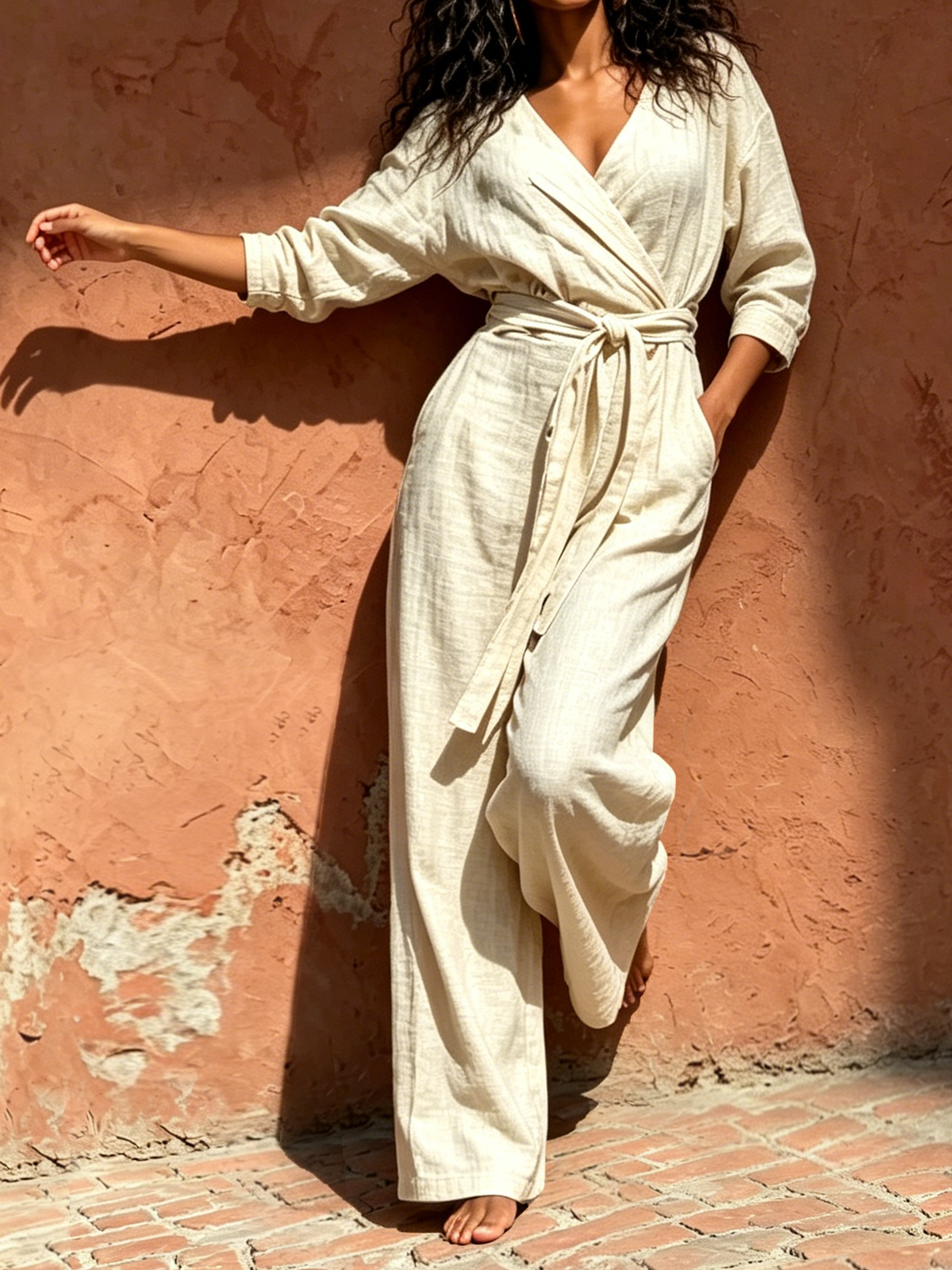 Women's Cotton Linen Jumpsuit Elegant V Neck Front Romper Casual Tie Waist Long Pants Boho Wide Leg One Piece Outfits