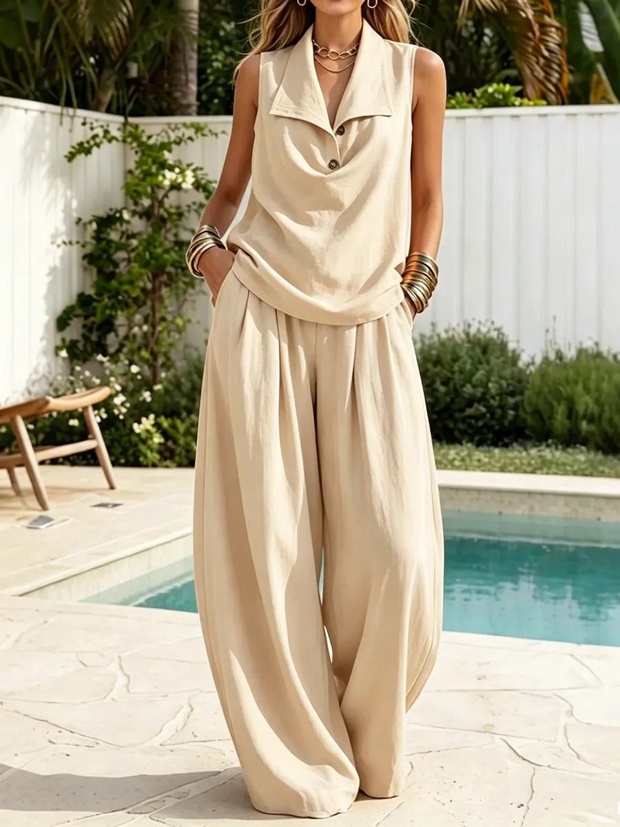 Casual Resort Sleeveless Collared Top And Loose-fitting Trousers Set